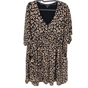 Mittoshop Black Tan Boho V-Neck Babydoll Mini Dress Flowy Y2K cheetah Womens S